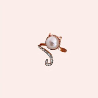Bague doré avec perle blanche et petites oreilles de chat