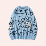 Pull bleu illustré de chaton dessinés