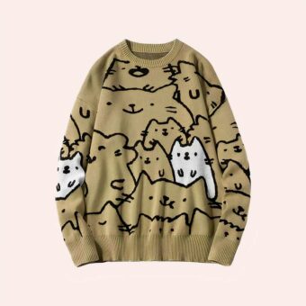 Pull marron illustré de chats dessinés noirs et blancs