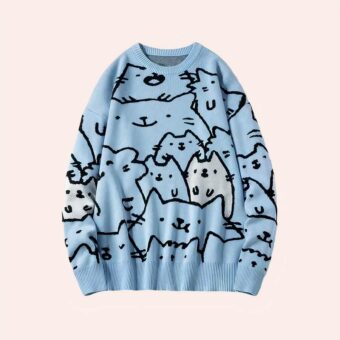 Pull bleu illustré de chaton dessinés