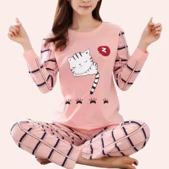 Pyjama rose imprimé chat pour femme