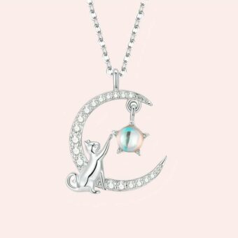 Collier chat en argent Sterling 925 avec pendentif en forme de lune