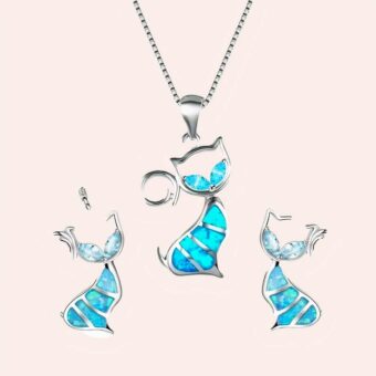 Ensemble collier et boucles d'oreilles chat bleu