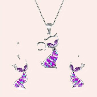 Ensemble collier et boucles d'oreilles chat violet