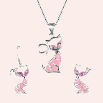 Ensemble collier et boucles d'oreilles chat rose