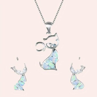 Ensemble collier et boucles d'oreilles chat blanc