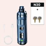 Coupe griffe électrique avec 2 têtes de recharges, le cable de rechargement présentés à plat et sur fond blanc