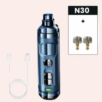 Coupe griffe électrique avec 2 têtes de recharges, le cable de rechargement présentés à plat et sur fond blanc