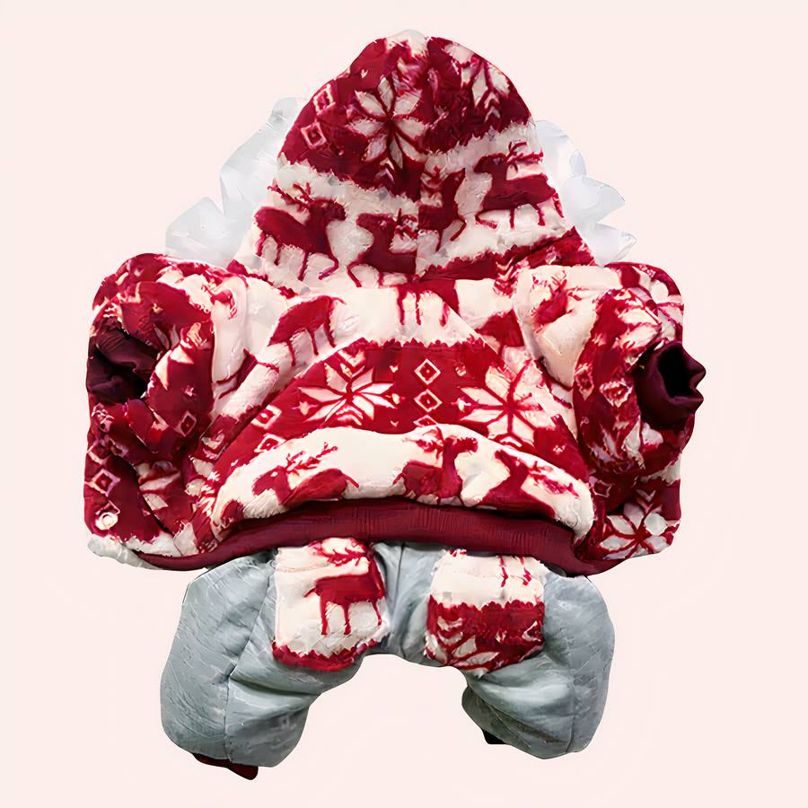 a93e9d12-c719-470d-bff9-9ef8861fb255 doudoune pour chat avec motif de rennes en rouge et blanc, présenté sur fond blanc