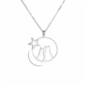 présenté sur fond noir, un collier argenté en acier inoxydable avec un pendentif de deux chats mignons faisant un câlin et regardant une étoile