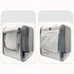 Sac de transport pour chat gris avec petite fenêtre et bretelles de sac à dos, il est présenté sur fond blanc