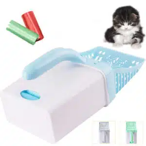 Pelle à litière avec réservoir pour chat avec des sac de plastique et un petit chat sur le côté de l'image avec un fond blanc