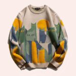 Pull en tricot côtelé beige avec motif de chats pour hommes et femmes, présenté sur fond gris