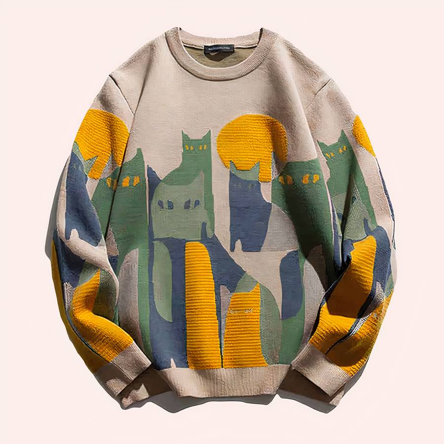 IMG_573f44 Pull en tricot côtelé beige avec motif de chats pour hommes et femmes, présenté sur fond gris