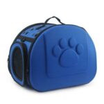 Sac de transport chat de couleur bleu avec un motif de patte de chat sur le côté