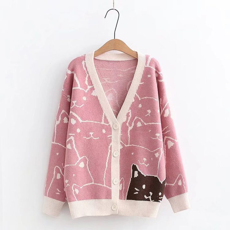 Pull chat mignon en col V de couleur rose Chatounette