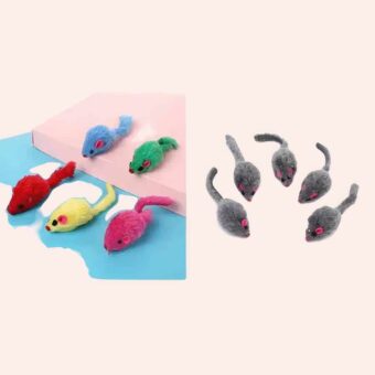 2 lots de 5 souris en laine pour chats. UN lot de couleur grise et un lot multicolore