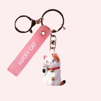Photo d'un porte clé de chat blanc, roux et noir, qui lève la patte droite, ayant un collier rouge avec une clochette doré, il y a d'accroché sur l'anneau un mousqueton, une petite patte de chat blanche et rose puis un accessoire de type bracelet en résine rose avec écrit dessus lucky cat, le tout sur un fond rose