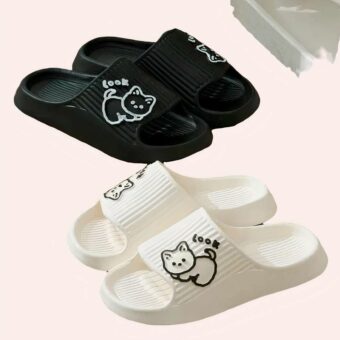 2 paires de pantoufles d'été avec dessin de chat et écrit look, de couleur noires et blanches