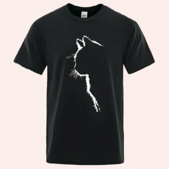 T-shirt noir avec une silhouette de chat de profil avec des contours blanc