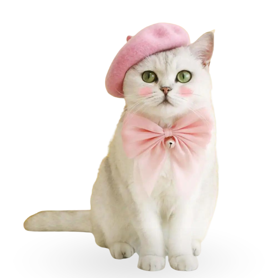 Chat blanc avec le béret rose clair sur la tête.