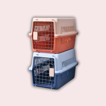 Une caisse de transport rigide pour chat empilée sur une autre caisse de transport.