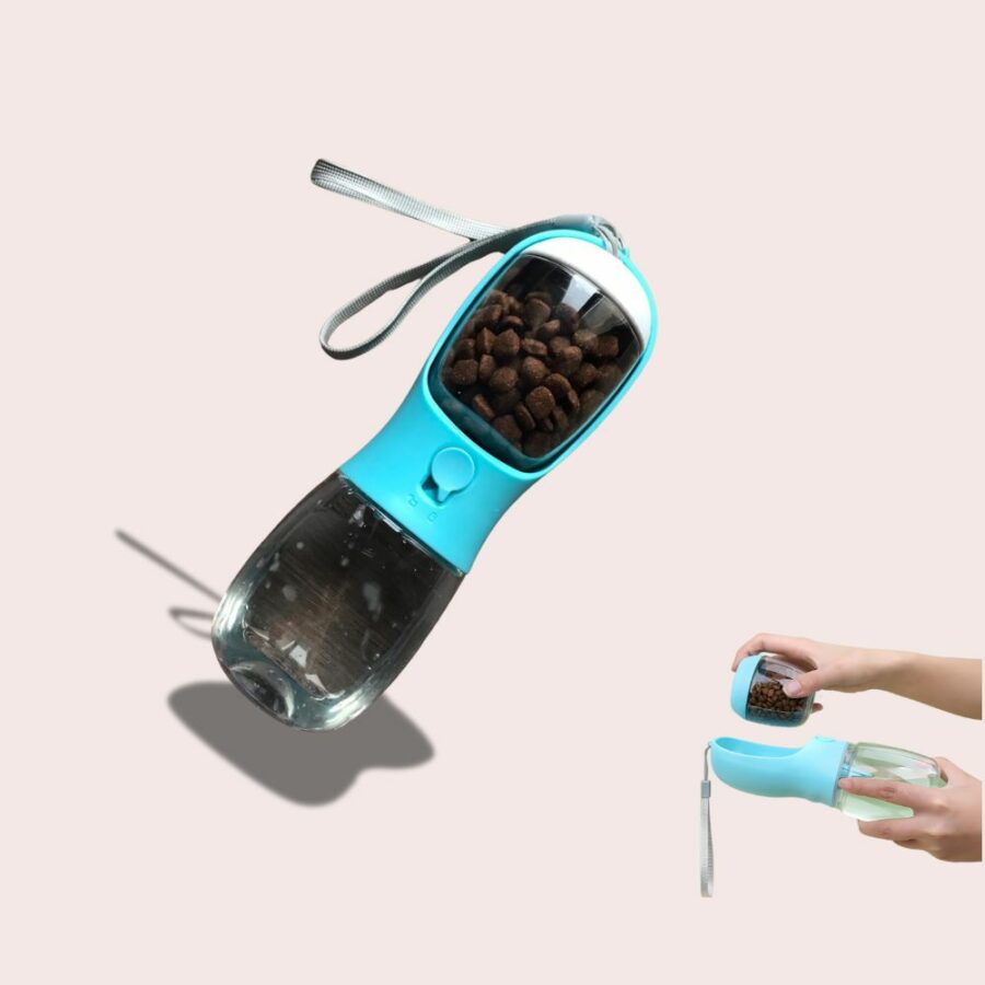 Distributeur d'eau et de croquettes pour le voyage destiné aux chats. La partie de stockage des croquettes est dissociable