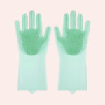 Gant toilettage pour chat en silicone long de couleur vert clair avec picots souple en silicone pour massage et nettoyage.