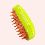 Brosse vapeur pour chat massante et nettoyante verte et orange, retire poils morts, hydrate et offre un massage doux pour un pelage sain et soyeux.