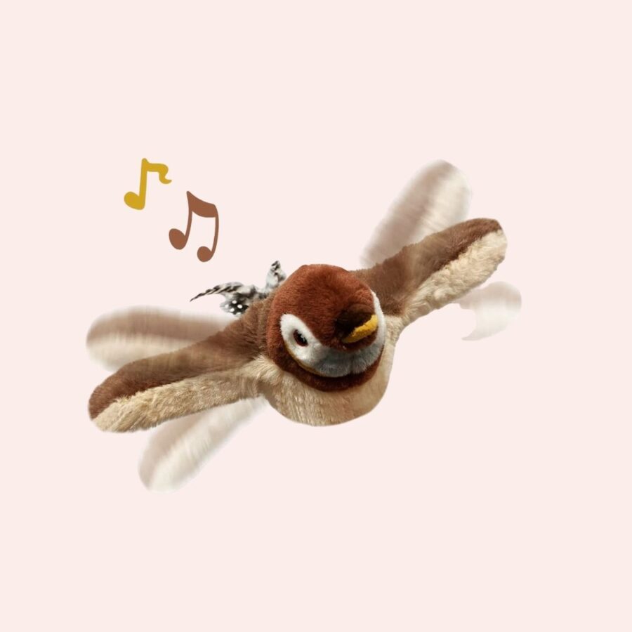 Oiseau marron qui vole pour chat, avec des notes de musique. Sur fond rosé