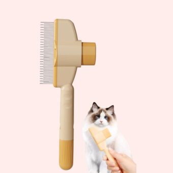 Brosse autonettoyante pour chat, avec un chat blanc, sur fond rose